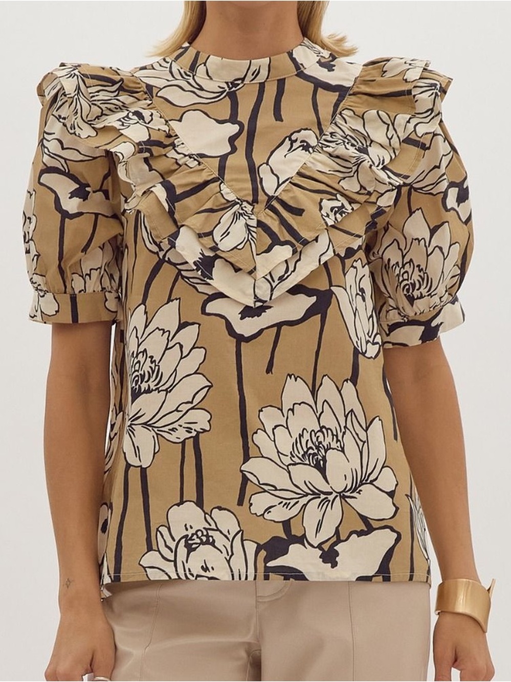 entro Beige Floral Ruffle Puff Sleeve Blouse